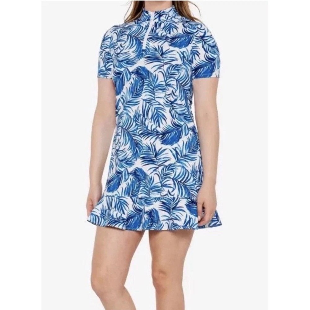 Tommy Bahama Sea Palm Golf Dress Womens L Blue White Ruffle Hem Stretch UPF 50+
